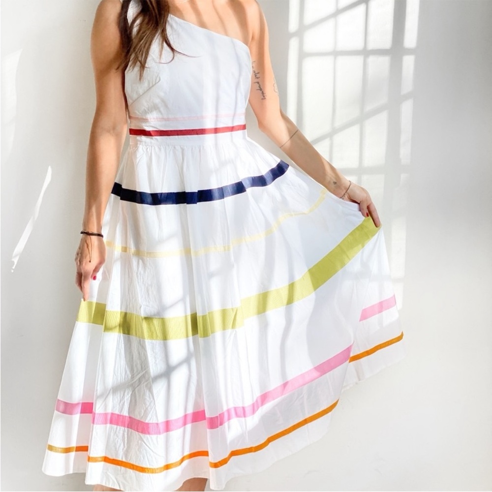 J Crew One Shoulder Ribbon Striped Summer Dress Midi White Sz 2
